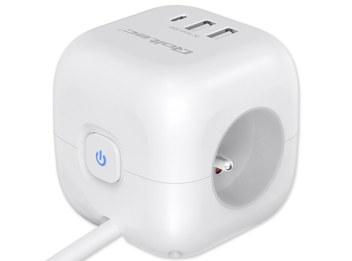 Kostka zasilająca przedłużacz 6w1 z podświetlanym włącznikiem | 3x AC | 2x USB | 1x USB-C PD 20W | biała | kabel 2m