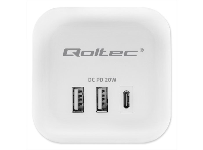 Kostka zasilająca przedłużacz 6w1 z podświetlanym włącznikiem | 3x AC | 2x USB | 1x USB-C PD 20W | biała