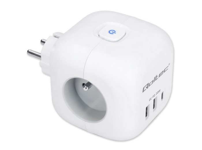 Kostka zasilająca przedłużacz 6w1 z podświetlanym włącznikiem | 3x AC | 2x USB | 1x USB-C PD 20W | biała