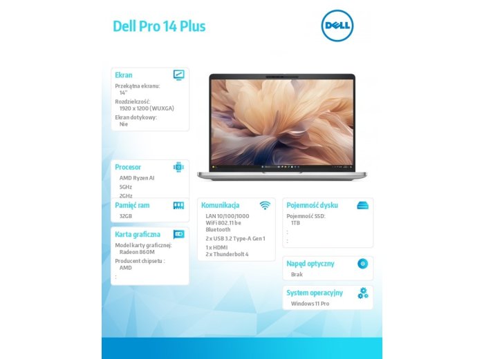 Laptop Dell Pro 14 Plus PB14255 W11P Ryzen AI 7 PRO 350/32GB/1TB/FgrPr&SmtCd,RJ-45/IRCam&Mic/WLANonly+BT/14.0 FHD+ 400nit/860M/BcklKb/3C/3YPS