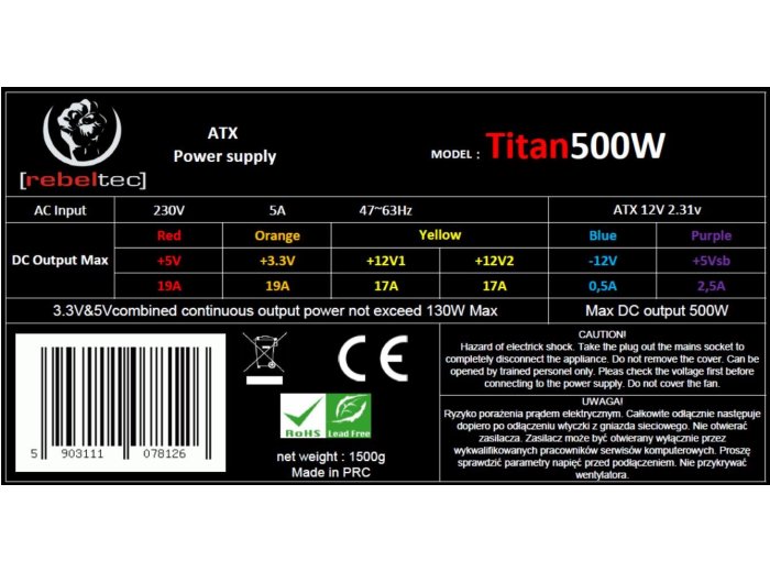 Zasilacz REBELTEC RBLZAS00004 ATX VER.2.31 BOX + KABEL TITAN 500