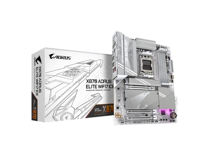 Płyta główna Gigabyte X870 AORUS ELITE WF7 ICE - Supports AMD Ryzen 9000 CPUs, 16+2+2 Phases Digital VRM, up to 8200MHz DDR5 (OC), 3xPCIe 5.0 + 1xPCIe 4.0, Wi-Fi 7, 2.5GbE LAN, USB 4