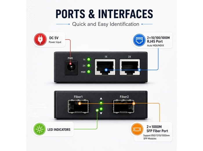 Dwukierunkowy media konwerter SWITCH Ethernet 2xRJ45 2xSFP | 1000Mb/s | 5V