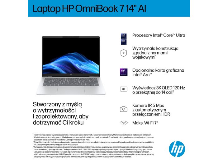 HP OmniBook 7 AI 14-fr0003nw Intel Core Ultra 5 225U Laptop 35,6 cm (14") 2K 16 GB LPDDR5-SDRAM 512 GB SSD Wi-Fi 6E (802.11ax) Windows 11 Pro AI PC Srebrny