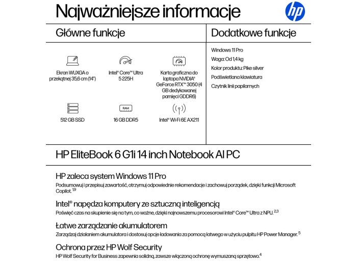 HP EliteBook 6 G1i AI PC Intel Core Ultra 5 225H Laptop 35,6 cm (14") WUXGA 16 GB DDR5-SDRAM 512 GB SSD Wi-Fi 6E (802.11ax) Windows 11 Pro Srebrny