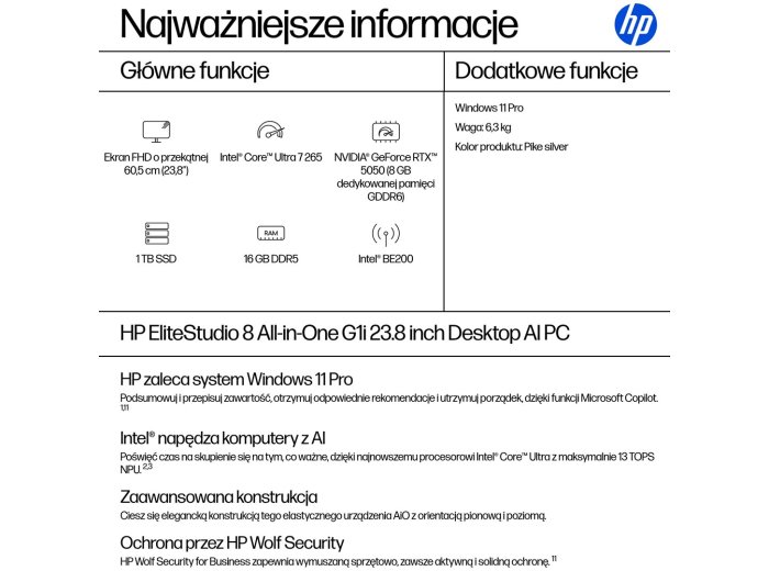 HP Elite Studio 8 AiO G1i Ultra 7 265 23.8"FHD 250nits IPS LBL AG 16GB DDR5 5600 SSD1TB Intel Graphics Cam5MP W11Pro 3Y OnSite