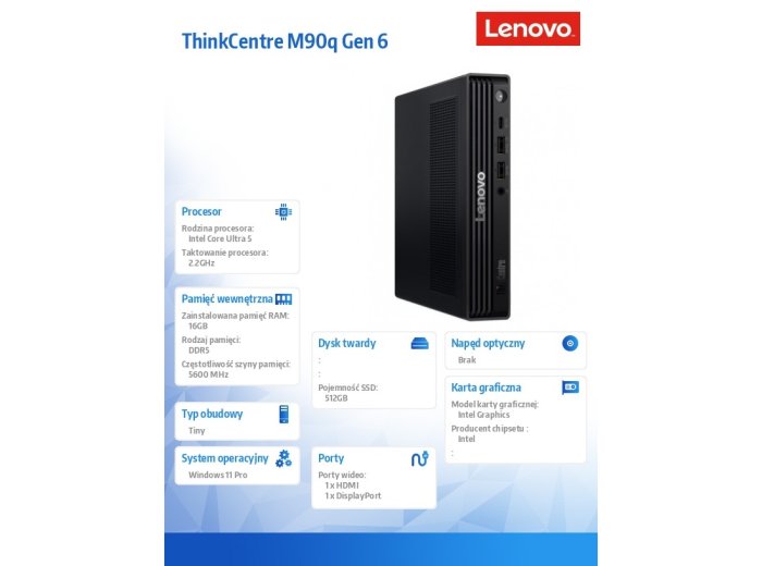 Komputer ThinkCentre M90q Tiny G6 W11Pro Ultra 5 245T/16GB/512GB/INT/vPro/Black/3YRS OS + 1YR Premier