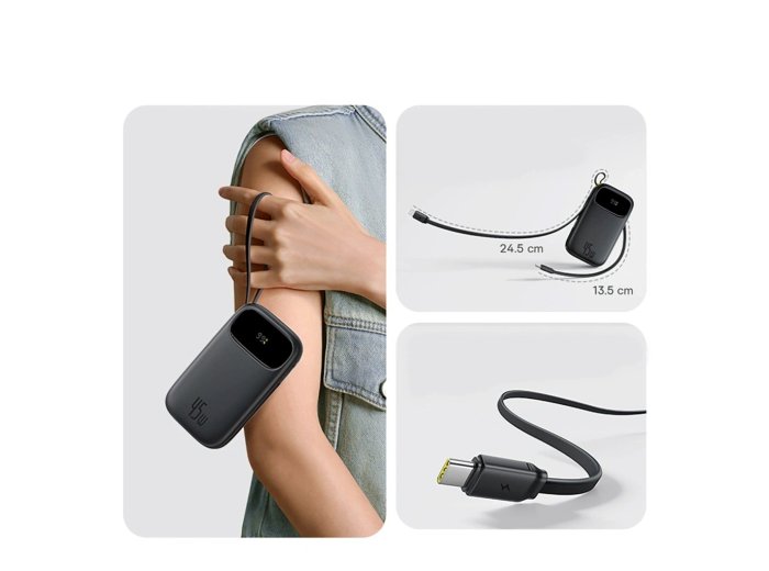 Baseus EnerFill FC31 Powerbank z wyświetlaczem cyfrowym z 2 wbudowanymi kablami USB-C 20000mAh 45W Czarny