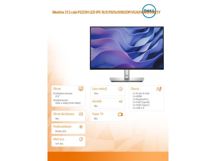 Monitor 21.5 cala P2225H LED IPS 16:9/1920x1080/DP/VGA/HDMI/USB/3Y