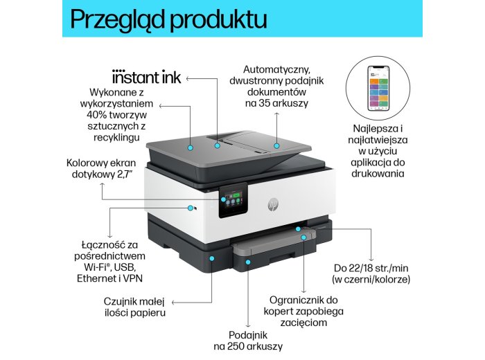 HP OfficeJet Pro 9120e Bezprzewodowe All-in-One W kolorze Drukarka, Instant Ink; Drukowanie dwustronne