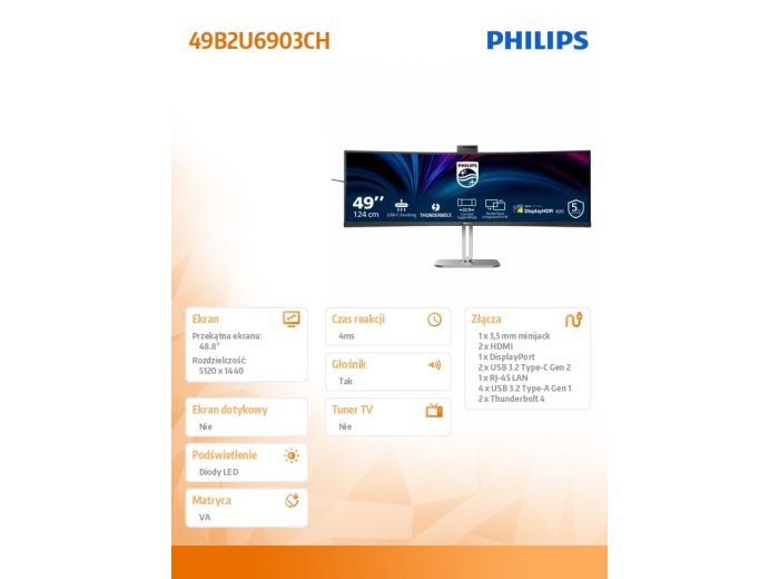 Monitor wielkoformatowy 48.8 cala 49B2U6903CH VA HDMIx2 DP RJ45 HAS Thunderbolt 4