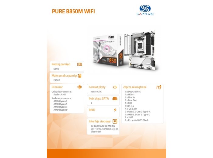 Płyta główna PURE B850M WIFI AM5 4DDR5 mATX
