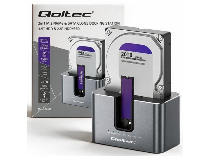 Stacja dokująca 2w1 HDD SSD | SATA | M.2 NVMe | Klonowanie | USB-C | 10Gb/s | 28TB