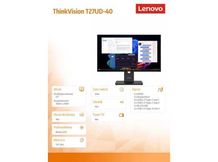 Monitor 27 cali ThinkVision T27UD-40 64AFGAT2EU