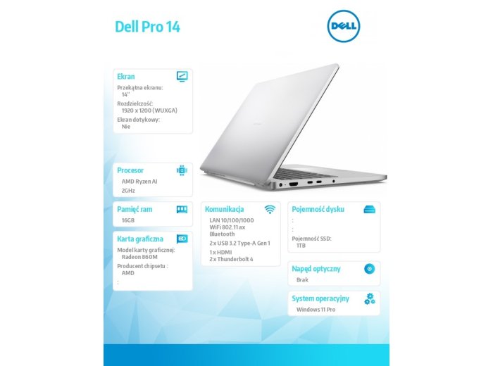 Laptop Dell Pro 14 PC14255/AMD Ryzen AI 7 PRO 350/16GB/1TB SSD CL25/14.0 FHD+/Radeon 860M/FgrPr/FHD/IR Cam/Mic/WLAN+BT/Backlit Kb/3 Cell/W11Pro