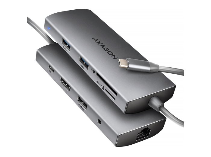 AXAGON HMC-8HLSA Wieloportowy koncentrator USB-C 3.2 Gen 1, 3x USB-A + 4K/60Hz HDMI + SD/microSD, Gigabit LAN, Audio, PD 100W - Srebrny