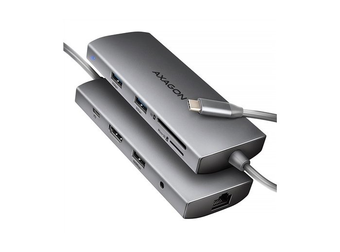AXAGON HMC-8HLSA Wieloportowy koncentrator USB-C 3.2 Gen 1, 3x USB-A + 4K/60Hz HDMI + SD/microSD, Gigabit LAN, Audio, PD 100W - Srebrny
