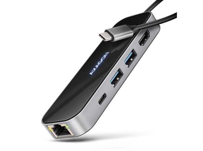 AXAGON HMC-6GLN Hub USB, 2x USB-A, 1x USB-C, 1x HDMI 2.0, 1x RJ45, 100 W PD – srebrny