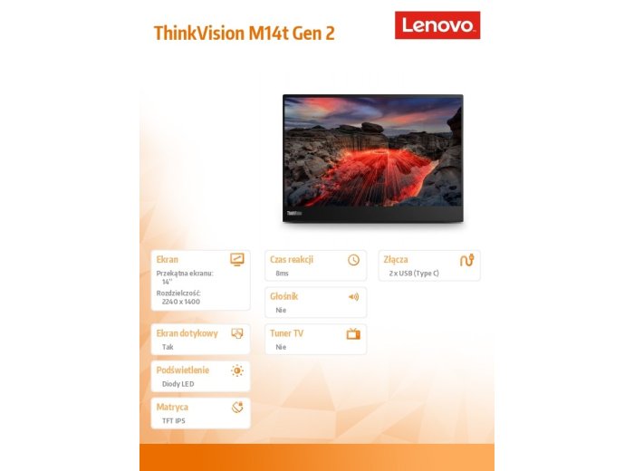 Lenovo ThinkVision M14t G2 14i 14.0"Touch 2440 x 1440 60Hz 300nits USB Raven Black