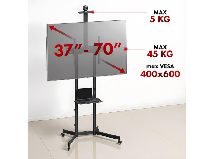 MACLEAN STAND / WÓZEK DO TV, PÓŁKA NA KAMERĘ, NA KÓŁKACH, 37-70", MAX. OBCIĄŻENIE 45KG/5KG PÓŁKA, MAX. VESA 600X400 MC-113 B
