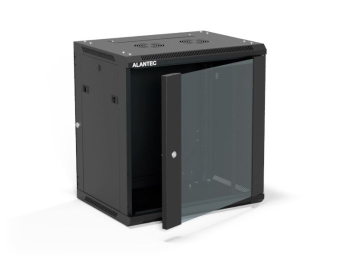 Szafa wisząca 19" 12U 600x450, (opcja dwusekcyjna) drzwi szklane jednoskrzydłowe, tył osłona pełna demontowalna, osłony boczne pełne demontowalne zamykane na klucz, 4 belki, kolor czarny, ALANTEC