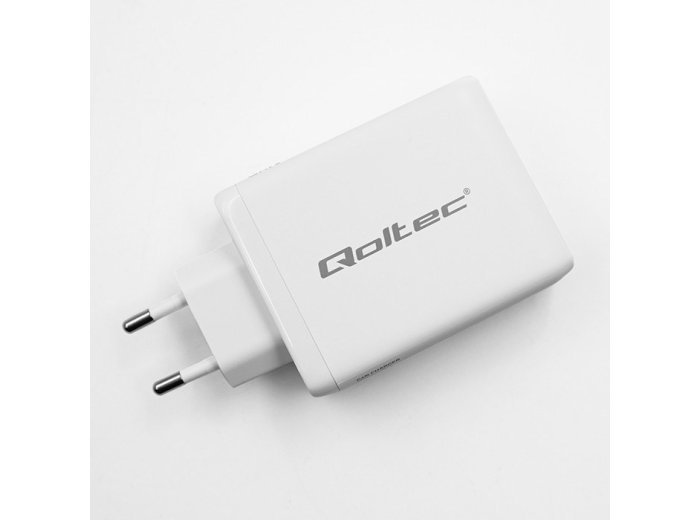 Qoltec Ładowarka sieciowa 100W GaN | 5-20V | 1.5-5A | 2 x USB-C PD | 1 x USB QC 3.0 | Biała