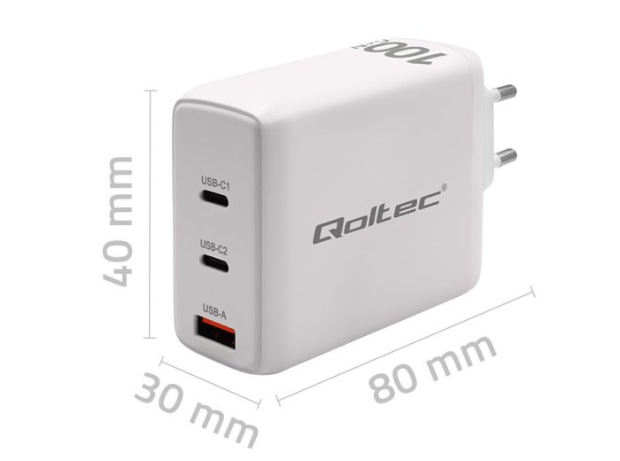 Qoltec Ładowarka sieciowa 100W GaN | 5-20V | 1.5-5A | 2 x USB-C PD | 1 x USB QC 3.0 | Biała