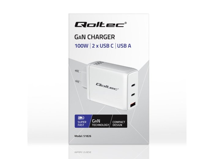 Qoltec Ładowarka sieciowa 100W GaN | 5-20V | 1.5-5A | 2 x USB-C PD | 1 x USB QC 3.0 | Biała
