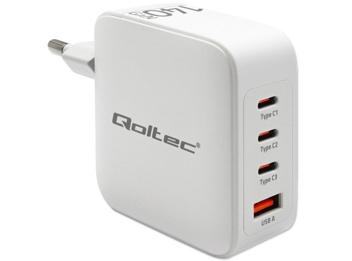 Qoltec Ładowarka sieciowa 140W GaN | 5-20V | 2.5-5A | 3 x USB-C PD | 1 x USB QC 3.0 | Biała