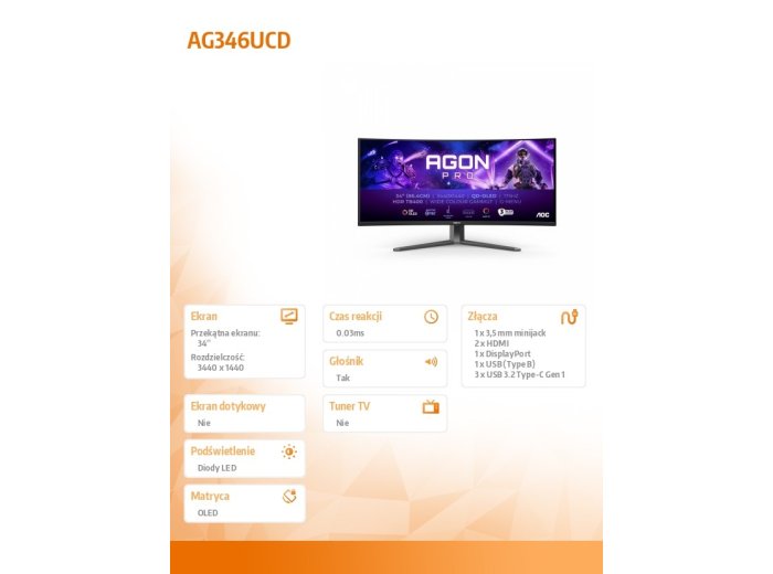 Monitor AG346UCD 34 cale 175Hz Curved QD-OLED HDMIx2 DP HAS Głośniki