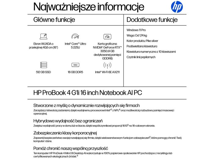 HP ProBook 4 G1i AI Intel Core Ultra 5 225U Laptop 40,6 cm (16") WUXGA 16 GB DDR5-SDRAM 512 GB SSD Wi-Fi 6E (802.11ax) Windows 11 Pro AI PC Srebrny