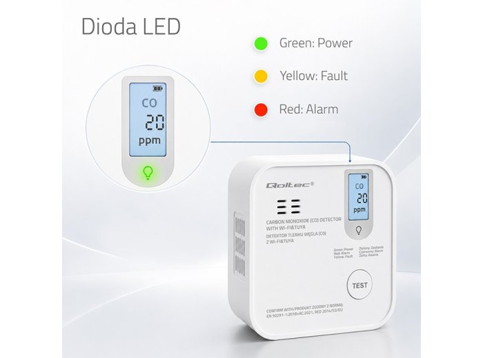 Czujnik tlenku węgla (czadu) | detektor CO | TUYA | Wi-Fi | LED