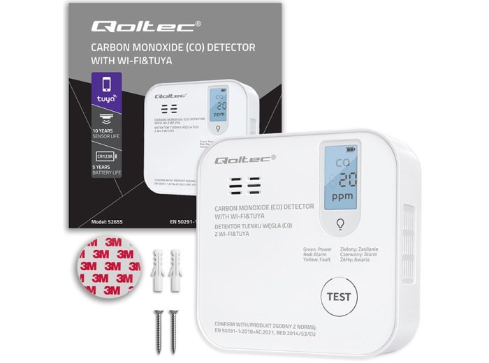 Czujnik tlenku węgla (czadu) | detektor CO | TUYA | Wi-Fi | LED