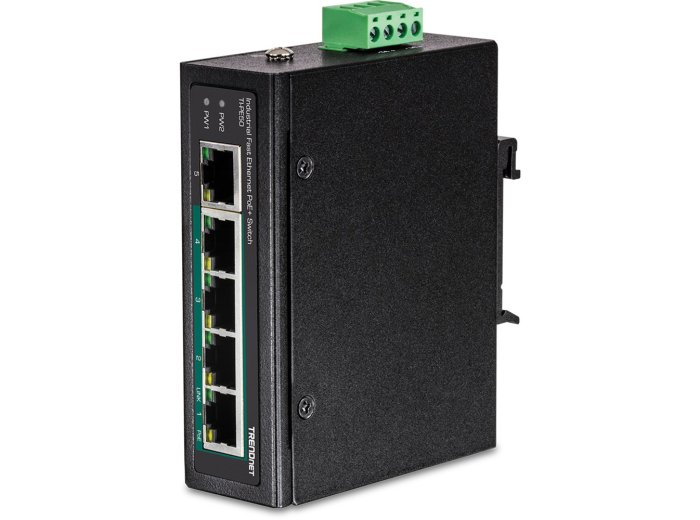 Switch TRENDnet TI-PE50 - niezarządzalny - 4 x 10/100 (PoE+) + 1 x 10/100 - możliwość montażu na szynie DIN, montaż na ścianie - PoE+ (90 W) - DC
