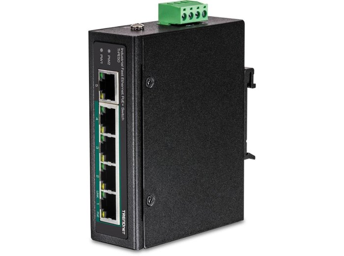 Switch TRENDnet TI-PE50 - niezarządzalny - 4 x 10/100 (PoE+) + 1 x 10/100 - możliwość montażu na szynie DIN, montaż na ścianie - PoE+ (90 W) - DC