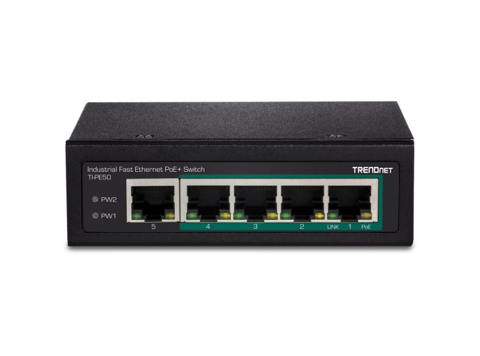 Switch TRENDnet TI-PE50 - niezarządzalny - 4 x 10/100 (PoE+) + 1 x 10/100 - możliwość montażu na szynie DIN, montaż na ścianie - PoE+ (90 W) - DC