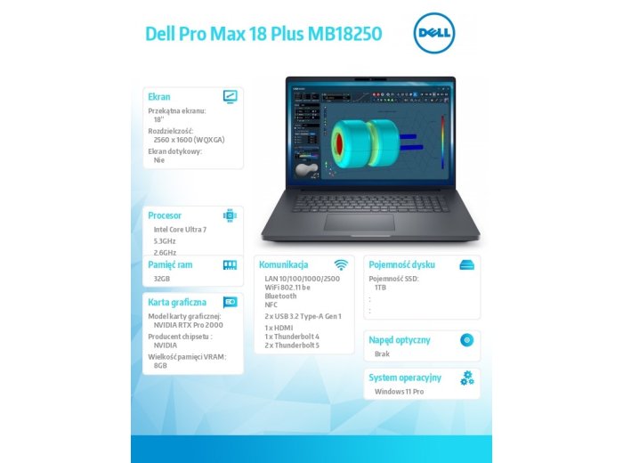 Stacja robocza Dell Pro Max 18 Plus MB18250 W11P U7-265HX|32GB|1TB|Nvidia RTX PRO 2000|FgrPr & SmtCd|Cam|WLAN + BT|18.0 QHD+|Backlit Kb|6C|vPro|3YPS