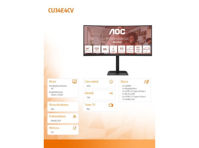 Monitor CU34E4CV 34 cale 120Hz Curved VA HDMIx2 DP RJ45 HAS Głośniki