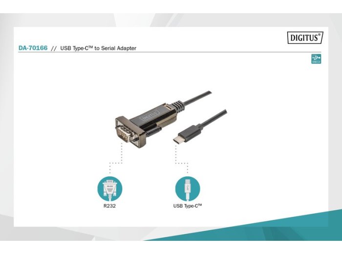 Kabel adapter USB-C 2.0 męski do RS232 (DB9) męski | chipset FTDI FT232RL | czarny | mocowanie na śruby | 1.0m