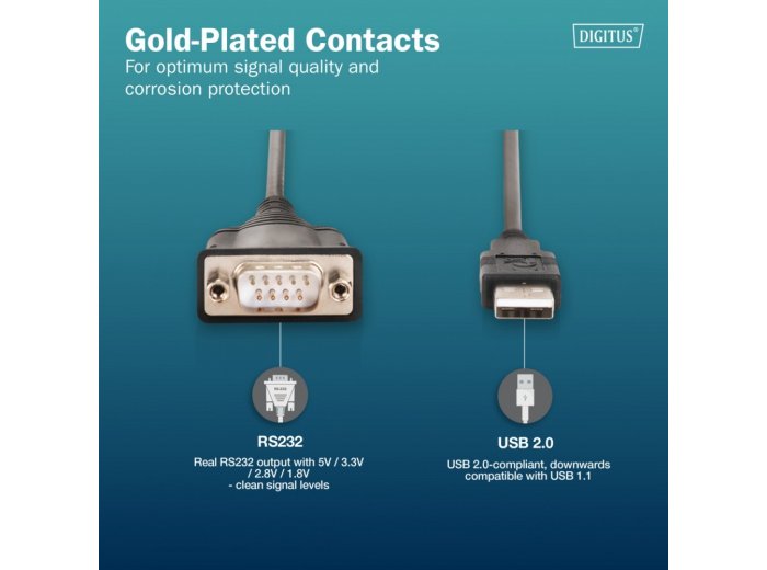 Kabel adapter USB 2.0 do RS232 (DB9) | Chipset FTDI (FT232RNL) | PVC, czarny | Mocowanie w tulejkach gwintowanych | 1.8m