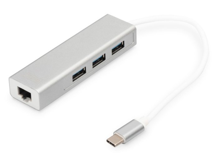 HUB/Koncentrator 3-portowy USB Typ C, 3x USB A HighSpeed z Gigabit LAN adapter, aluminium