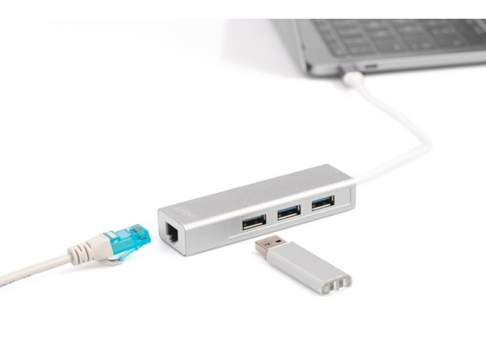HUB/Koncentrator 3-portowy USB Typ C, 3x USB A HighSpeed z Gigabit LAN adapter, aluminium