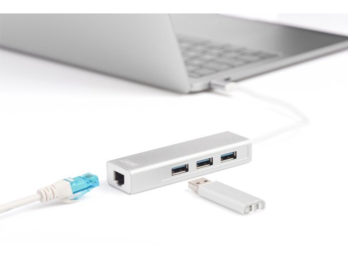 HUB/Koncentrator 3-portowy USB Typ C, 3x USB A HighSpeed z Gigabit LAN adapter, aluminium