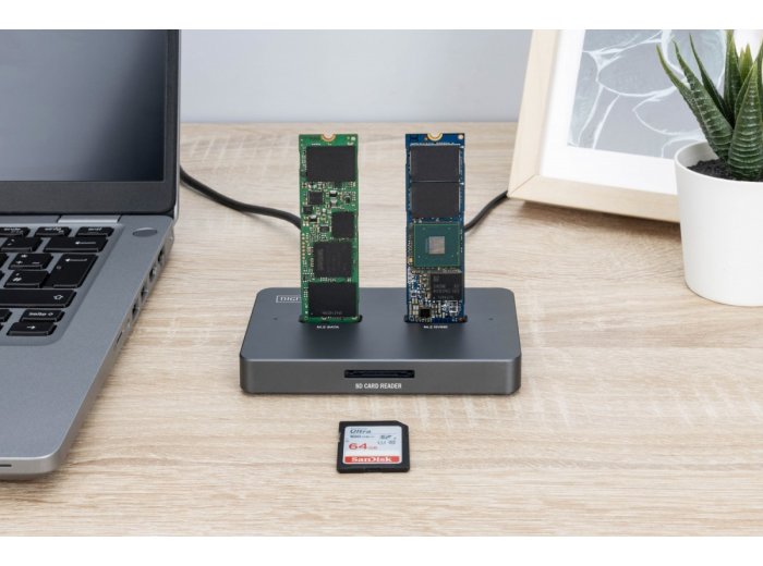 Stacja dokująca dysków | USB-C 3.2 Gen2 10Gbps | SSD M.2 NVMe + SATA (max. 2x 4TB) | Czytnik kart SD-Express 7.1 (max. 2TB) | Czarna