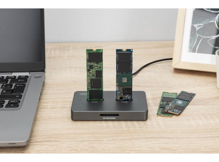 Stacja dokująca dysków | USB-C 3.2 Gen2 10Gbps | SSD M.2 NVMe + SATA (max. 2x 4TB) | Czytnik kart SD-Express 7.1 (max. 2TB) | Czarna
