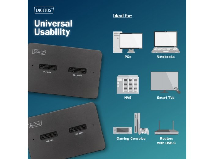 Stacja dokująca dysków | USB-C 3.2 Gen2 10Gbps | SSD M.2 NVMe + SATA (max. 2x 4TB) | Czytnik kart SD-Express 7.1 (max. 2TB) | Czarna