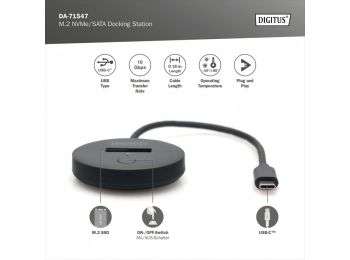 Stacja dokująca do SSD M.2 NVMe/SATA USB-C 3.2 Gen2 10Gbps maks. 4 TB, czarna