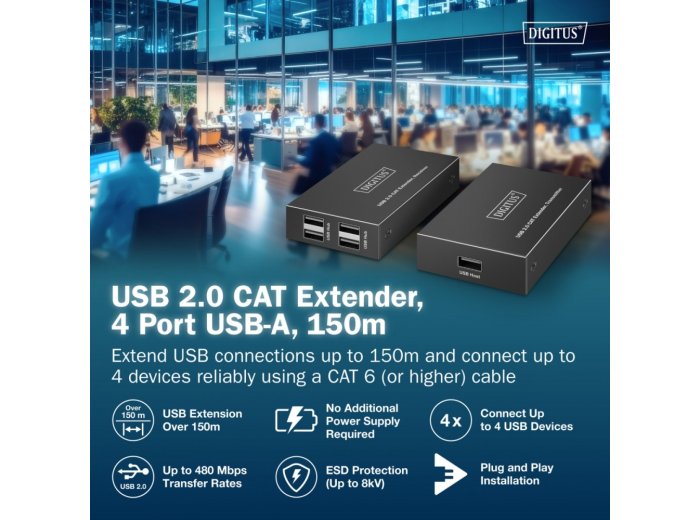 Przedłużacz (extender) po skrętce kat.6 USB 2.0 do 150m, 4x USB-A do 480 Mbps, 1x RJ45 (Gigabit Ethernet) - zestaw (odbiornik/nadajnik)
