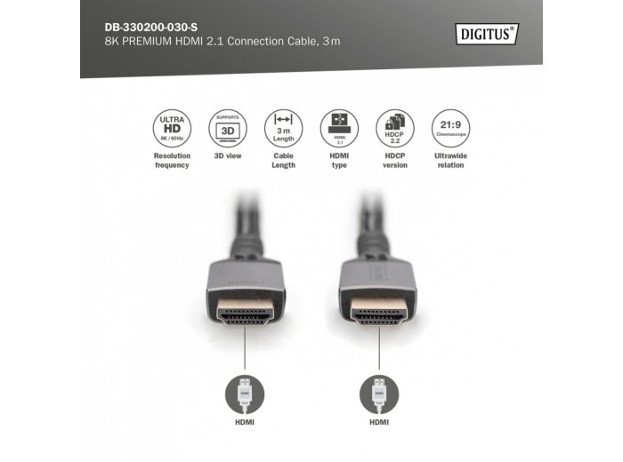 Kabel Premium połączeniowy HDMI 2.1 Ultra HighSpeed 8K60Hz UHD Typ HDMI A/A M/M 3m Czarny