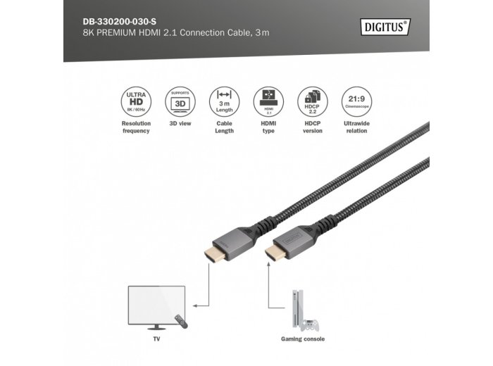Kabel Premium połączeniowy HDMI 2.1 Ultra HighSpeed 8K60Hz UHD Typ HDMI A/A M/M 3m Czarny